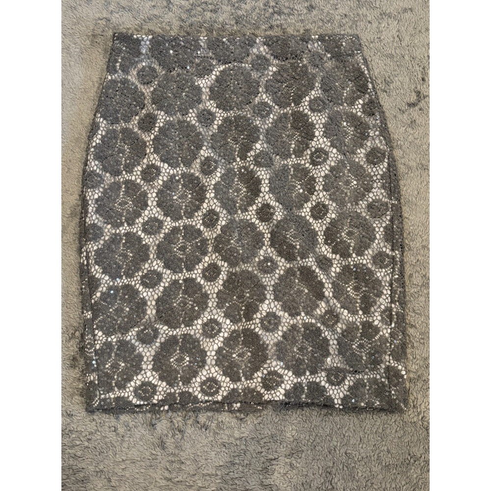 Ann Taylor Petite Gray Sequin Lace Mini Skirt 4P Lined Cocktail Party Holiday